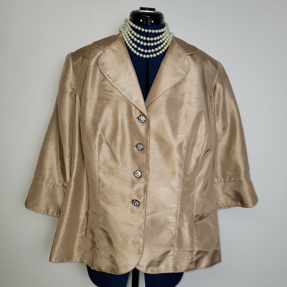 LE BOS Womens Elegant Metallic Gold Shimmer Embellished Buttons Jacket 14W